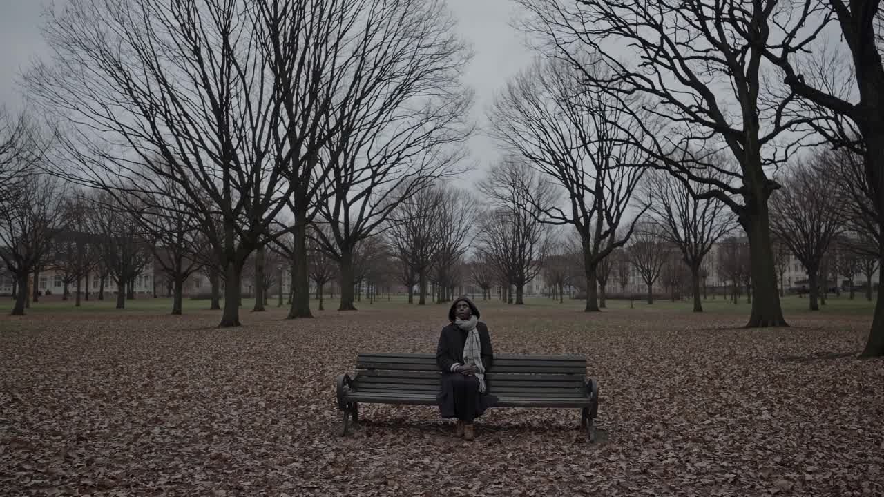 Wide-angle video shot of a solitary person on a bench in a leaf-covered park, framed by bare trees