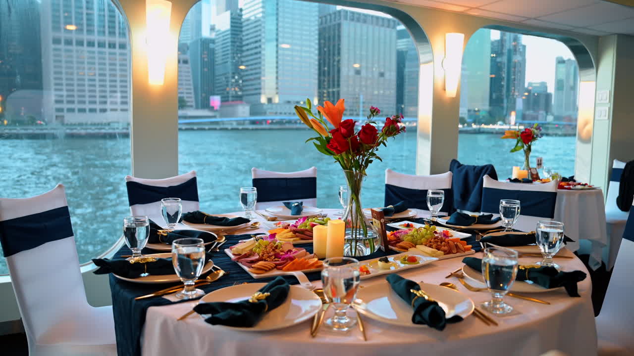New York, USA, 2 August 2025: Luxury dinner cruise table setting with New York skyline view. Interior of a cruise ship with a decorated dining table featuring appetizers and flowers