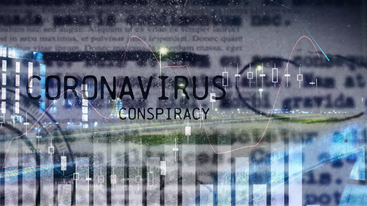 animación de las palabras conspiración de coronavirus sobre la página del periódico