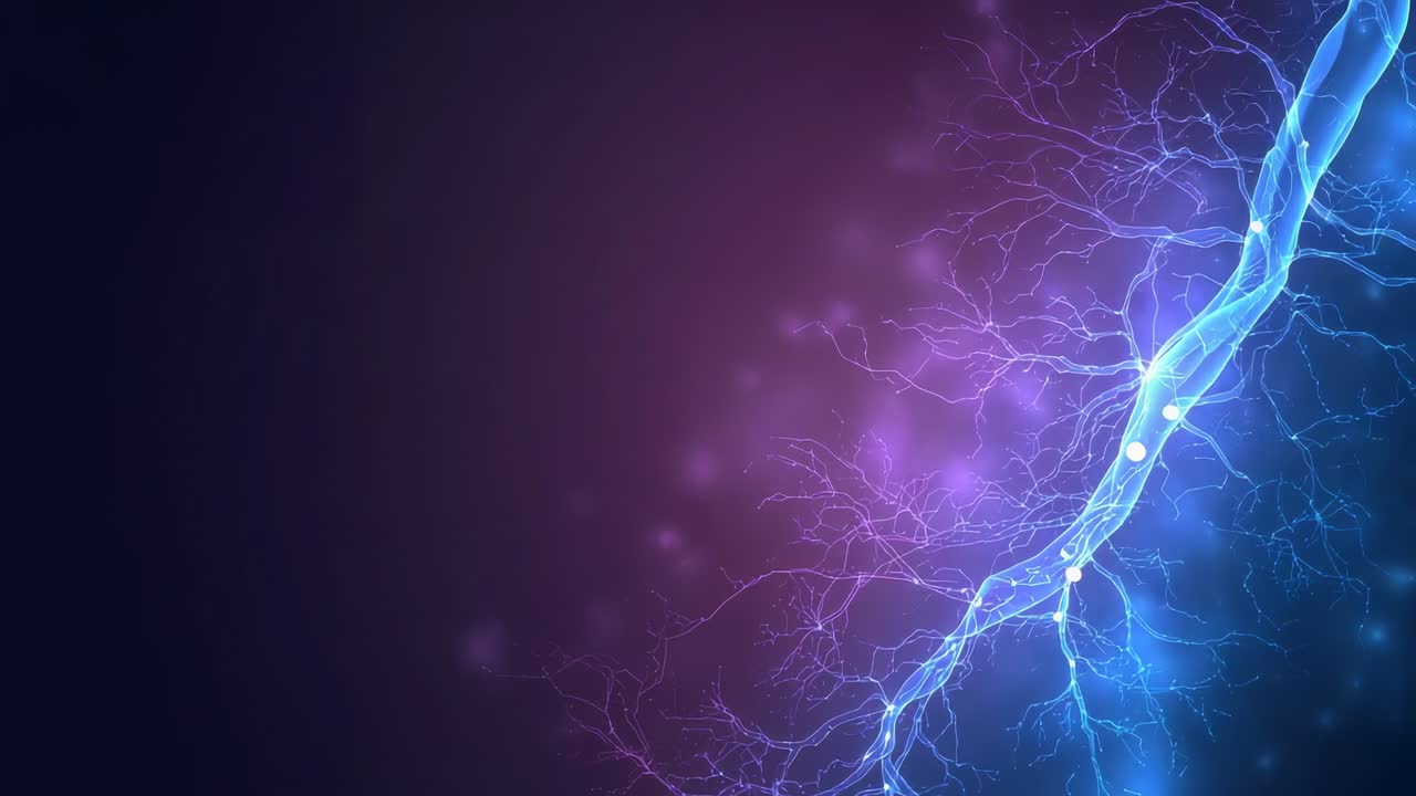 Upon playback blue tubular branch emitting node pulses in gradient, showing signal flow, copy space