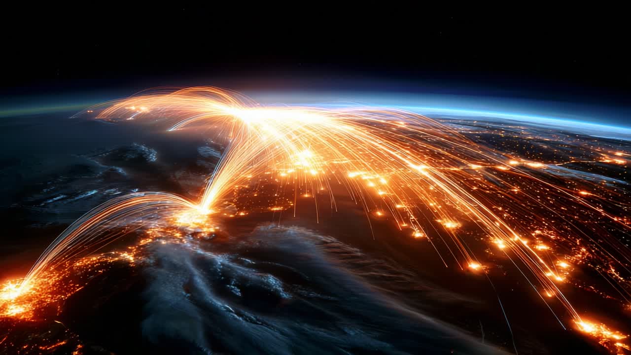 A Stunning Visualization of Global Connectivity and Data Flow Above Earth, Showcasing Illuminated Pathways and Bright Data Transfers Across Continents and Oceans in a Dark Sky