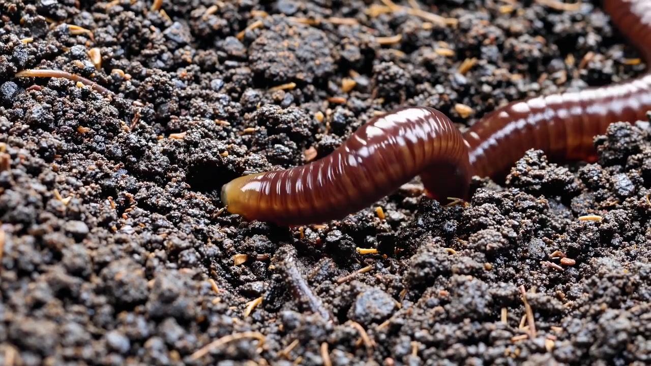 Earthworm Crawling Through Dark Moist Soil