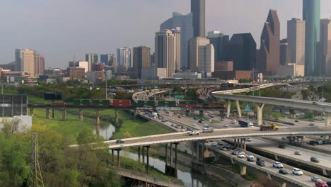 aerial of cars on 45 north freeway near downtown houston