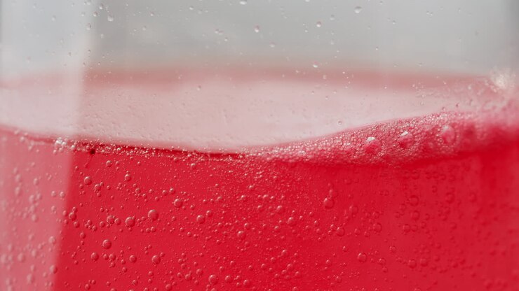 Close-up of a red carbonated drink with bubbles