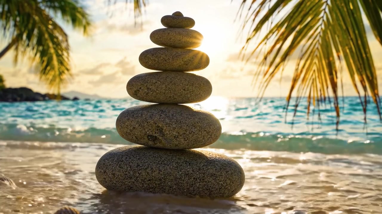 Une Pile de Pierres Sereine sur une Plage de Sable au Coucher du Soleil, Entourée de Feuilles de Palmier Luxuriantes, Capturant l'Essence de la Paix et de la Tranquillité au Bord de l'Océan