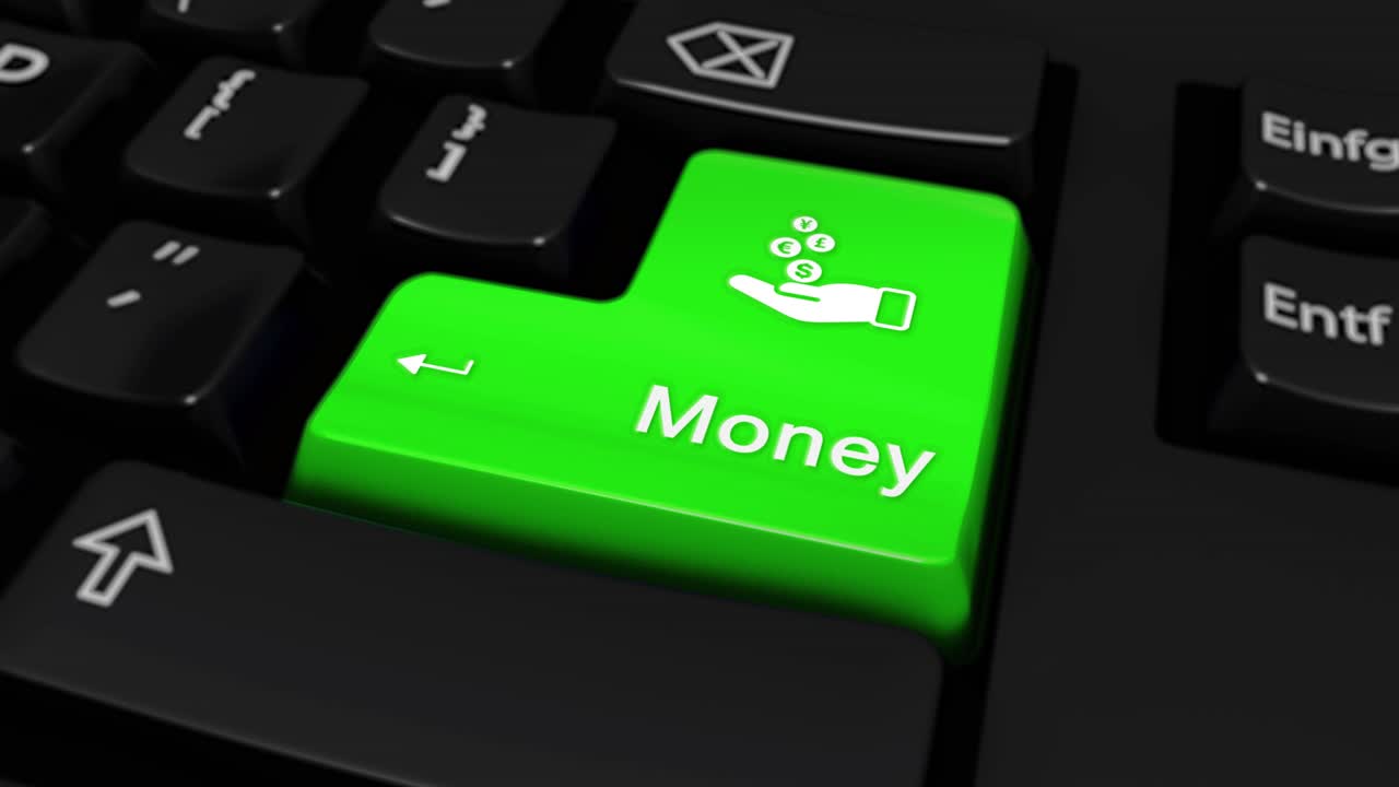 06 money round motion on green enter button on modern computer keyboard with text and icon labeled