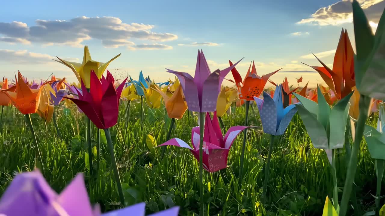 Low-angle video of colorful origami flowers in a field, capturing a vibrant sunset sky