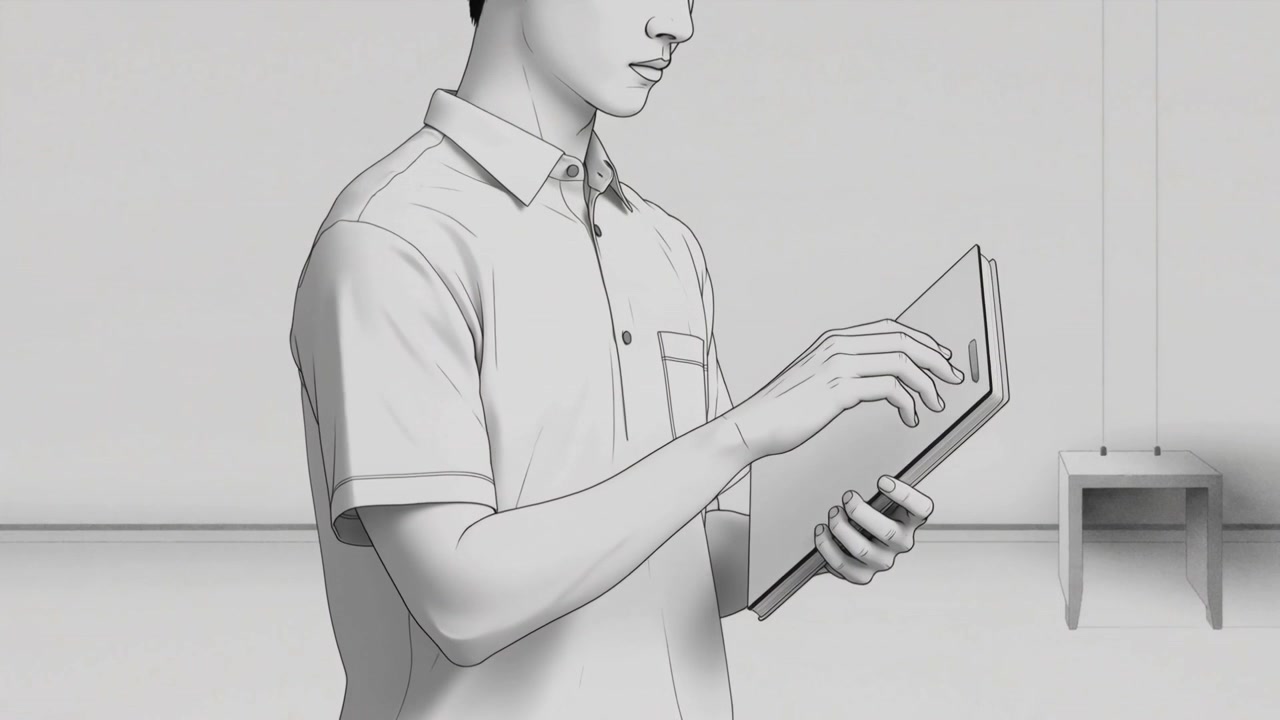 Toccandosi il mento, un uomo in camicia che abbassa il braccio, afferrando un tablet, toccando, scorrendo e controllando la stanza, sgabello sul davanzale.