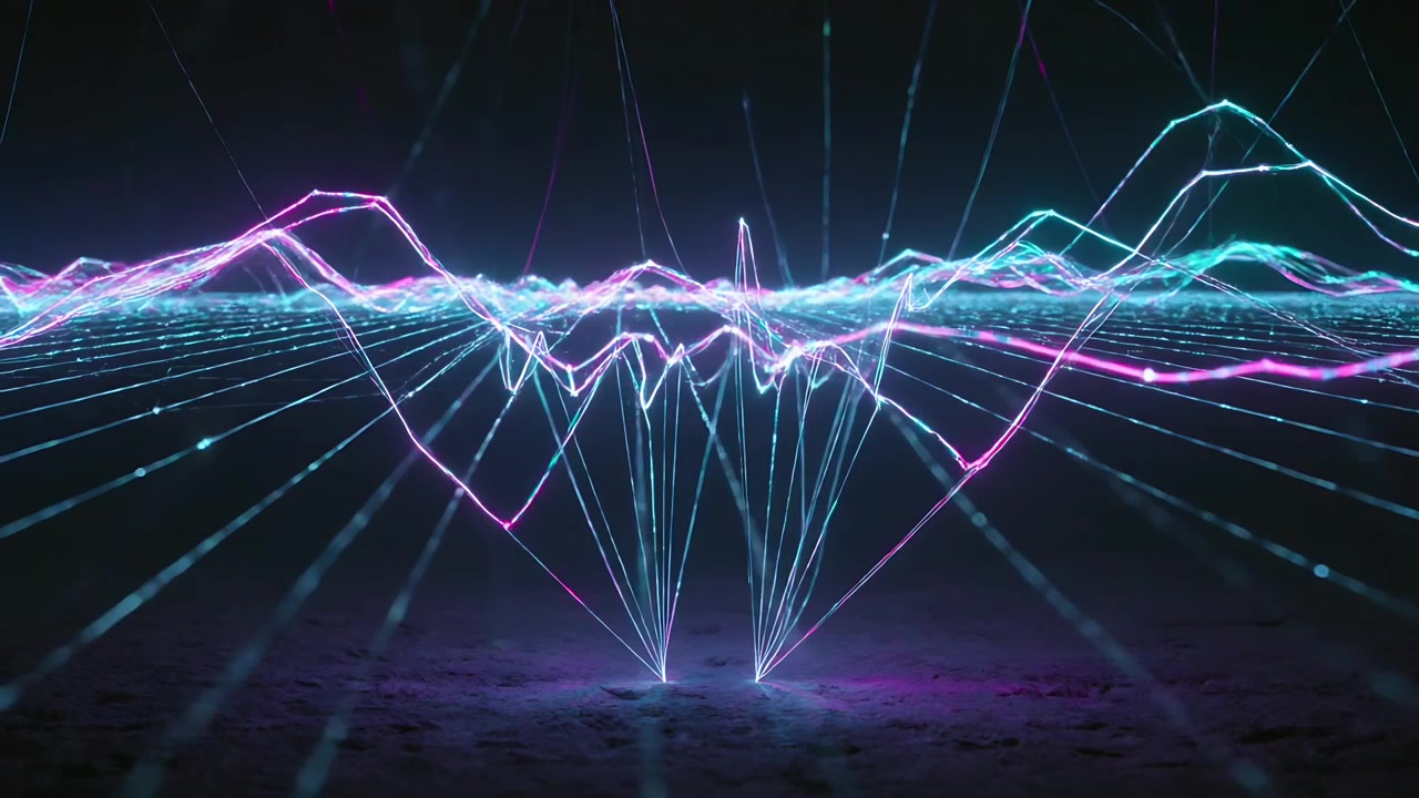 Responding to pulse, neon waveform, columns spreading across dark grid, forming cyan-magenta nodes