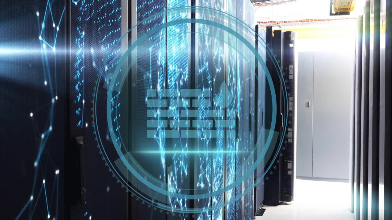 Blue network hologram pulsing across racks initiating rotating HUD firewall icon securing servers
