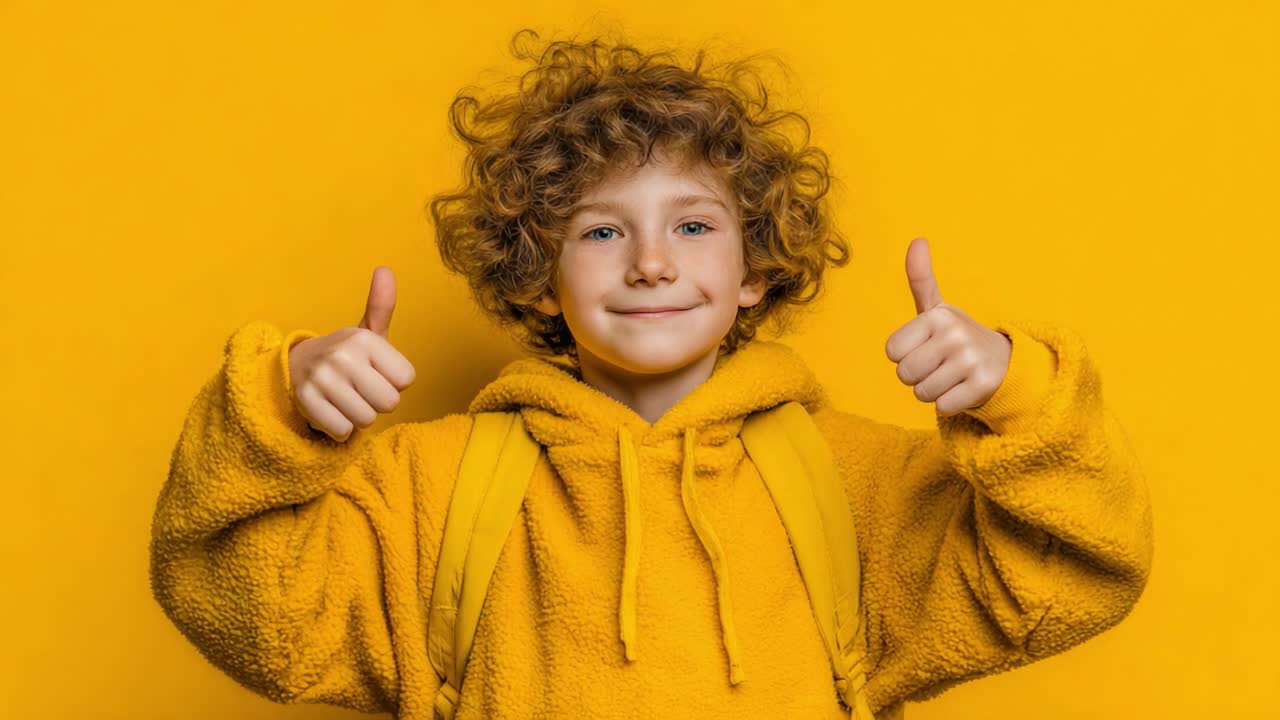 A cheerful child in a cozy yellow hoodie gives two thumbs up against a vibrant yellow background, showcasing positivity and confidence in their playful expression