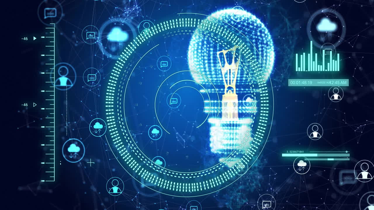 Digital lightbulb and network connections animation over blue technological background