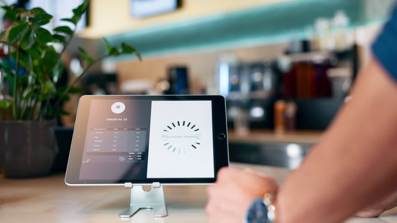 negocios, venta y manos con teléfono para pos