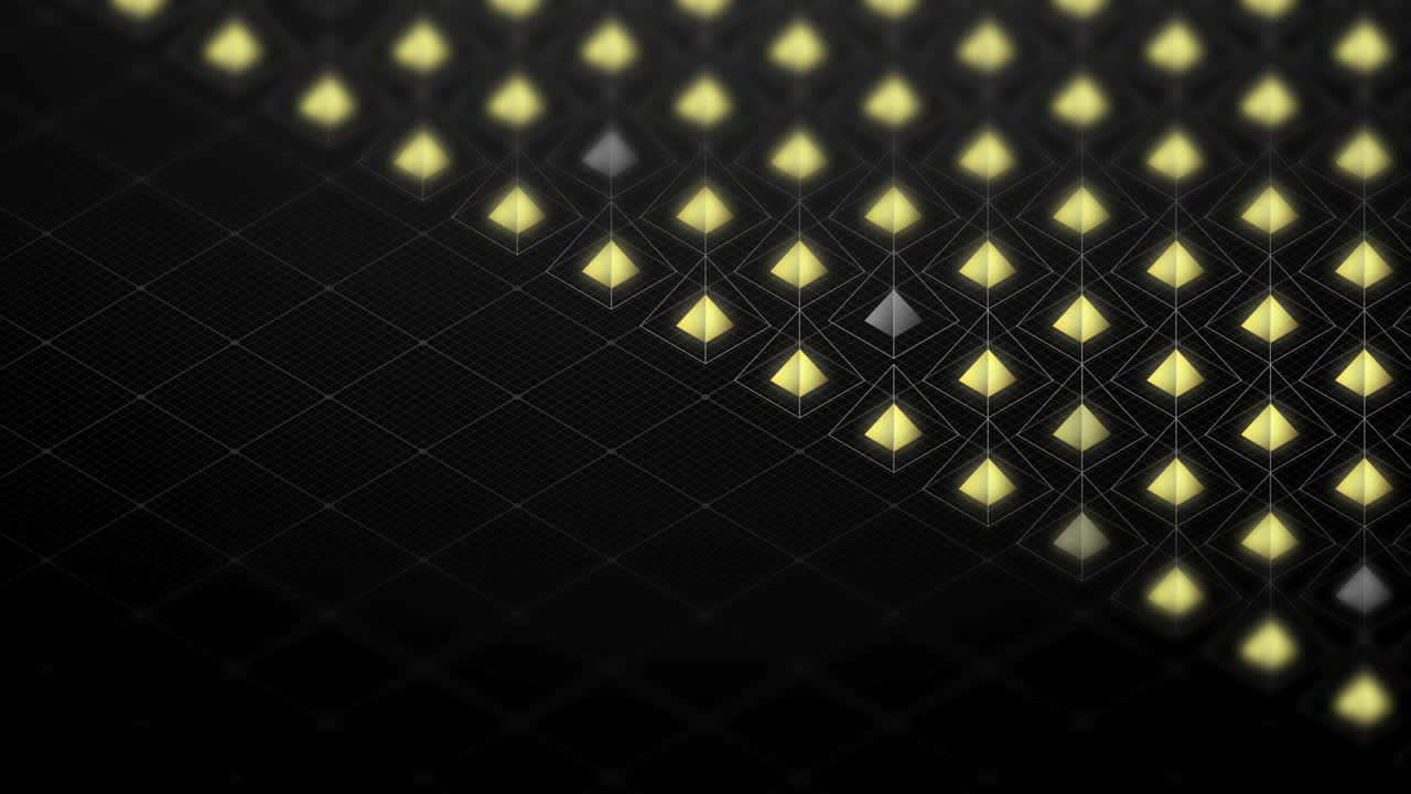 추상 3d 이소메트릭 가상 와이어 프레임 사각형 피라미드와 사각형 메쉬 패턴 일러스트레이션, 블록체인 기술 개념 디자인, 검은색 배경, 원활한 루핑 애니메이션