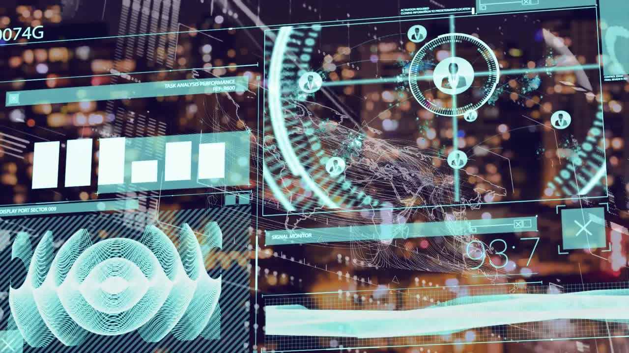 도시 풍경 위의 범위 스캐닝과 데이터 처리 애니메이션