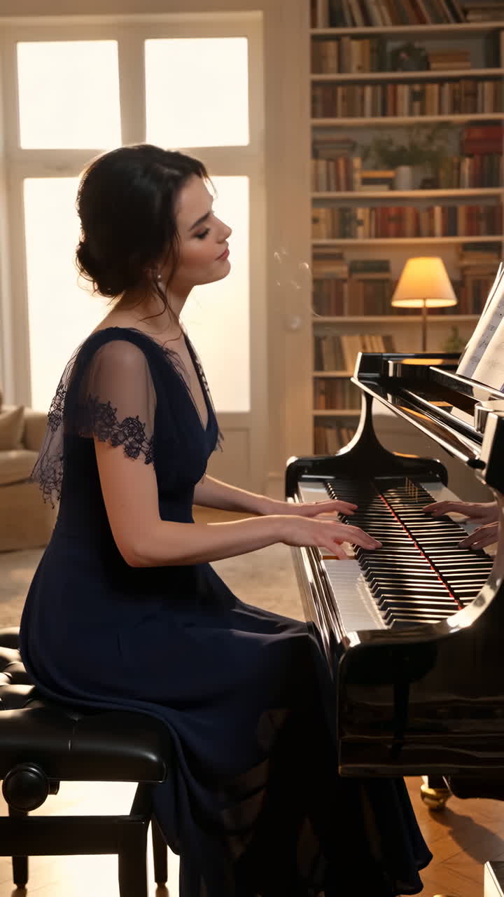 Elegant Woman Playing Grand Piano in a Library Setting