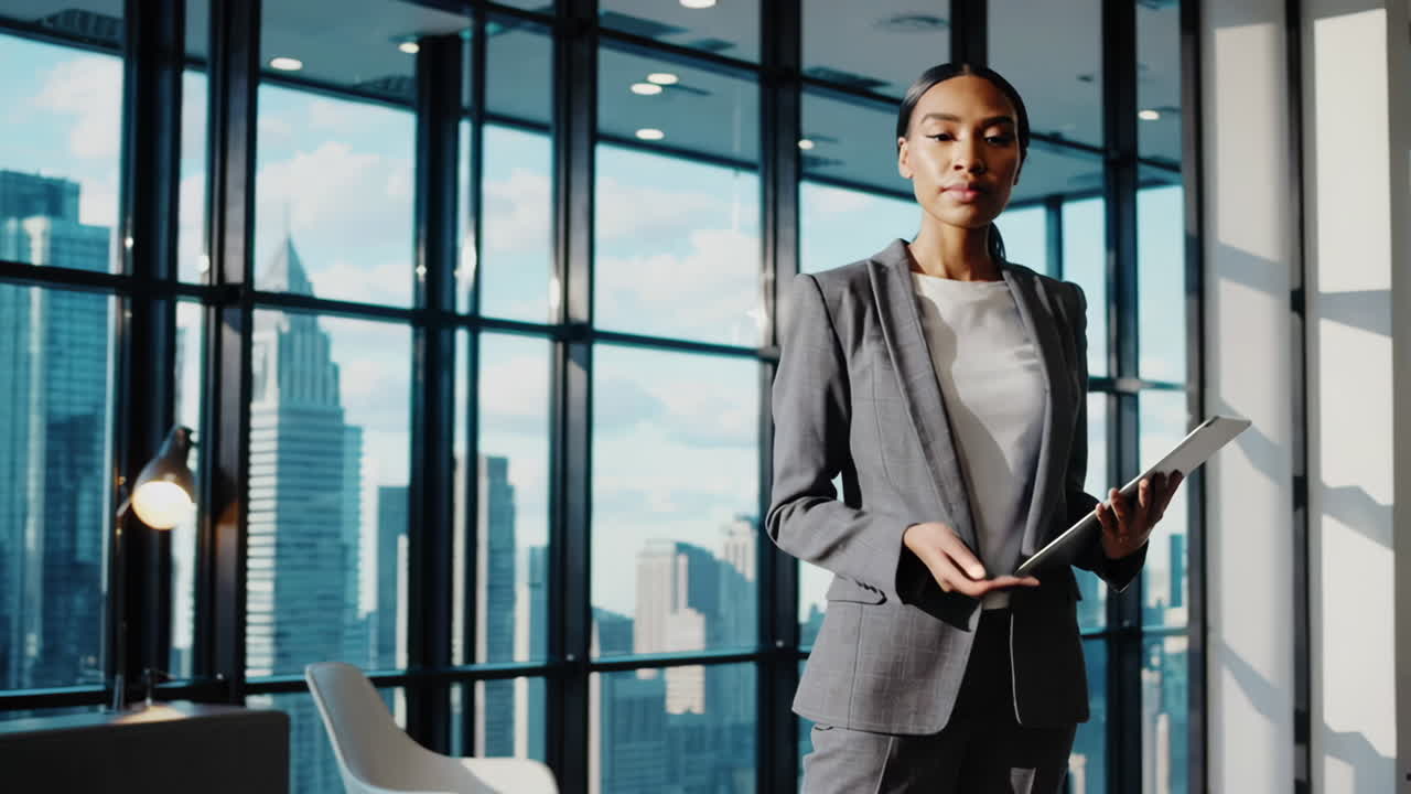 Business Woman in Modern Office with City View