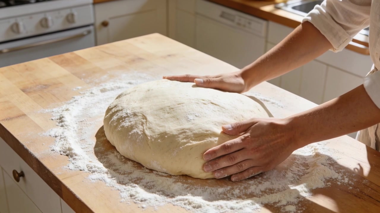 Mani con le maniche arrotolate che levigano e modellano una palla di impasto su un piano di lavoro infarinato, preparando il forno.