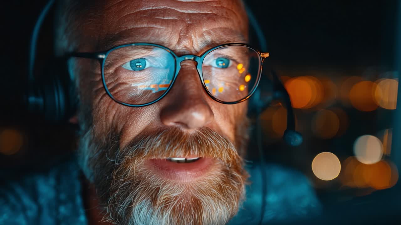 Focused Individual Engaged in Work with Headset, Showcasing Intensity and Concentration Amidst a Softly Lit Background with Warm Bokeh Effects