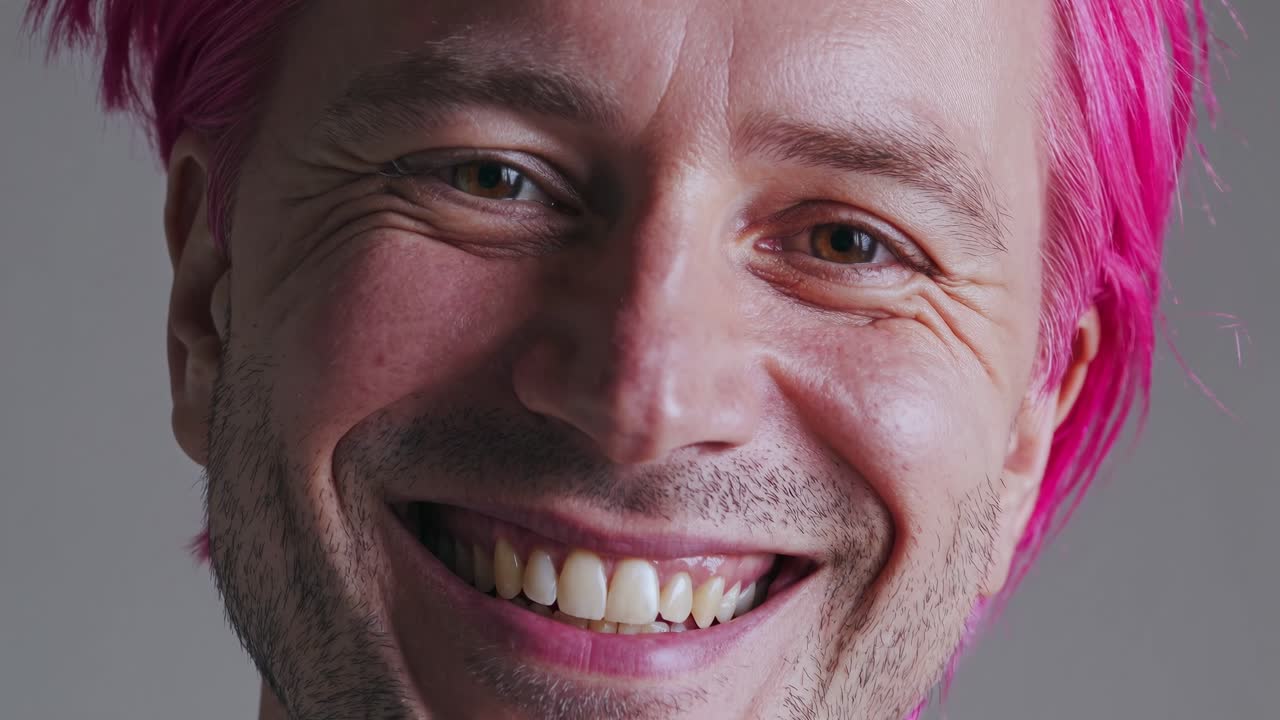 primer plano de un hombre sonriente con cabello rosa