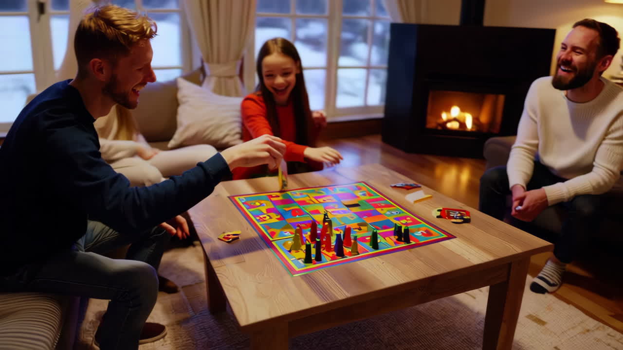 Family Playing a Board Game by the Fireplace in a Cozy Winter Home
