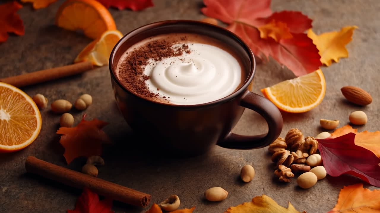 Cioccolata calda con panna montata circondata da elementi autunnali