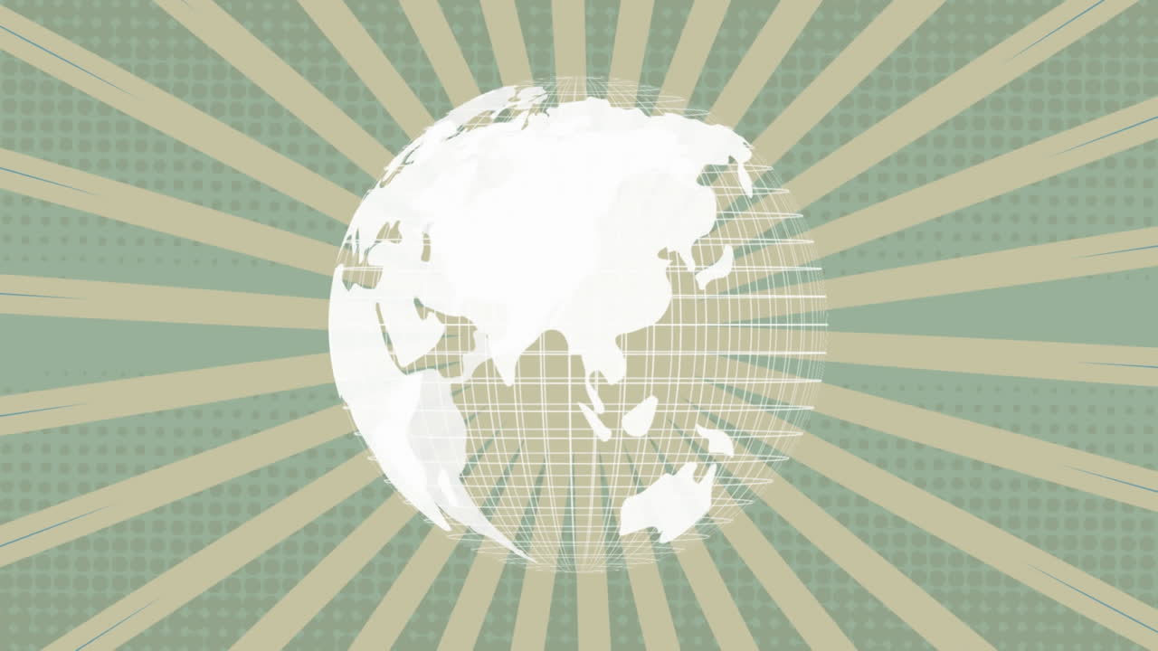 회전하는 지구의 애니메이션은 회색 배경에 녹색 방사선 광선에 맞춰 원활한 패턴으로