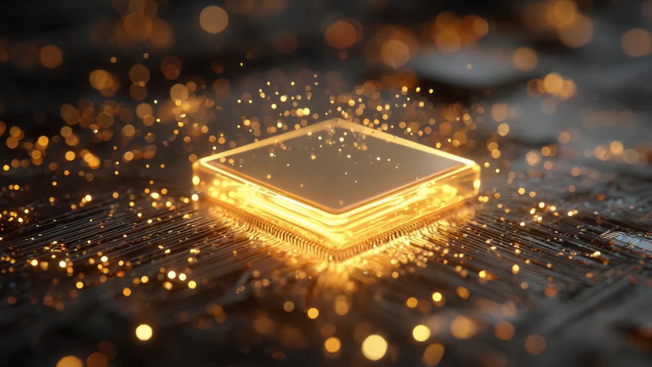 Golden light emitting from a powerful computer processor on a circuit board. With digital data flowing as glowing particles. Visualizing the concept of advanced technology and artificial intelligence