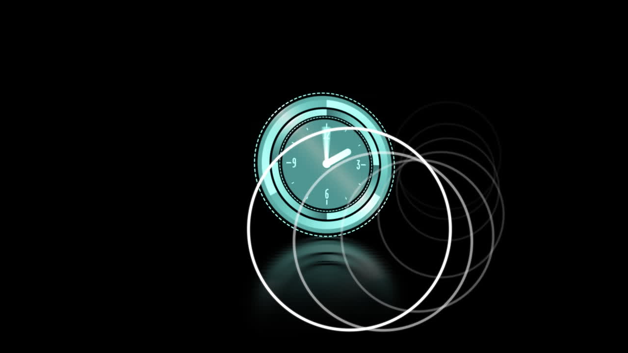 Animation of white scopes spinning and clock moving fast on black background