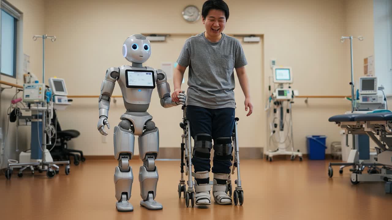 A Humanoid Robot Assists a Young Man Walking with Rehabilitation Support in a Modern Therapy Environment, Highlighting Technology's Role in Physical Recovery