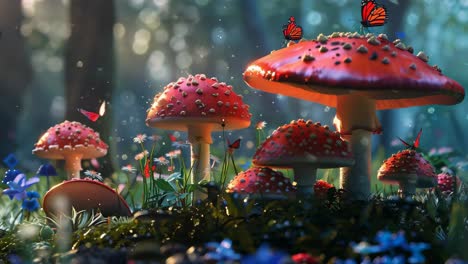 enchanted forest with red mushrooms and butterflies