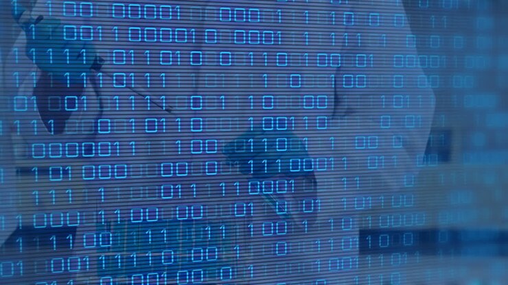 Animation of data processing over caucasian male scientist in lab