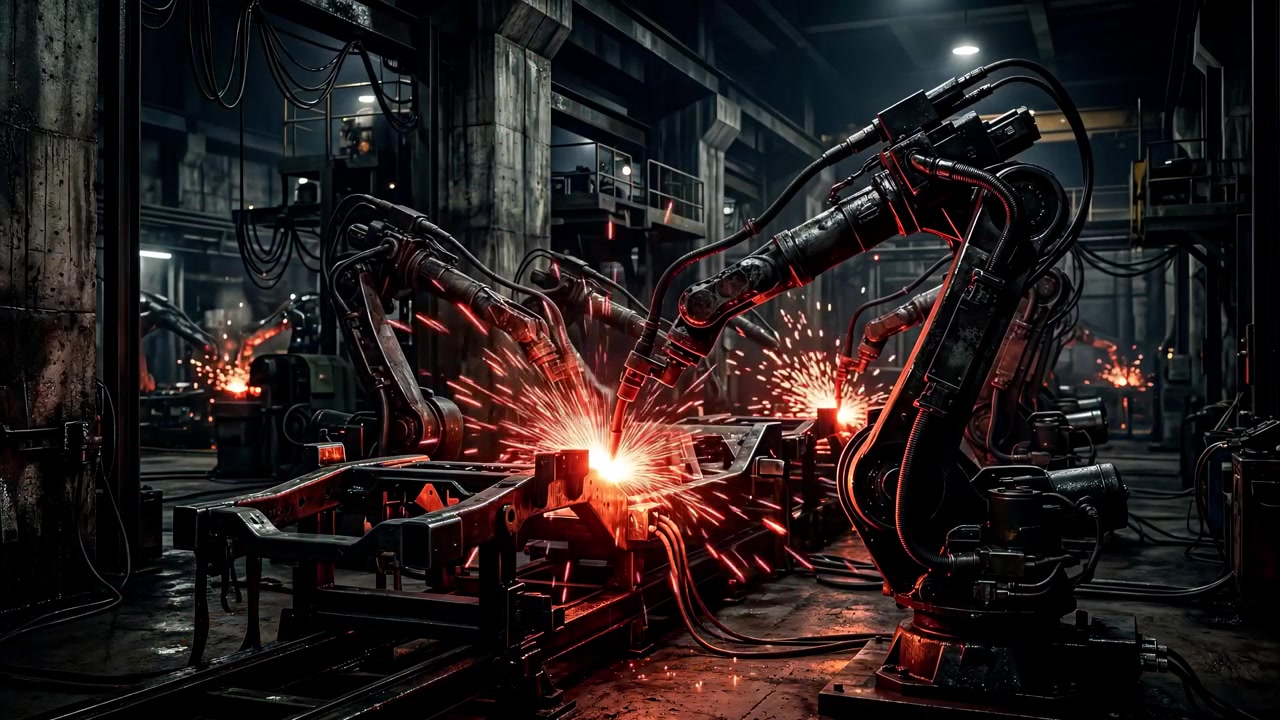 Robotarmar som svetsar metallchassier för bilar i en industriell fabrik