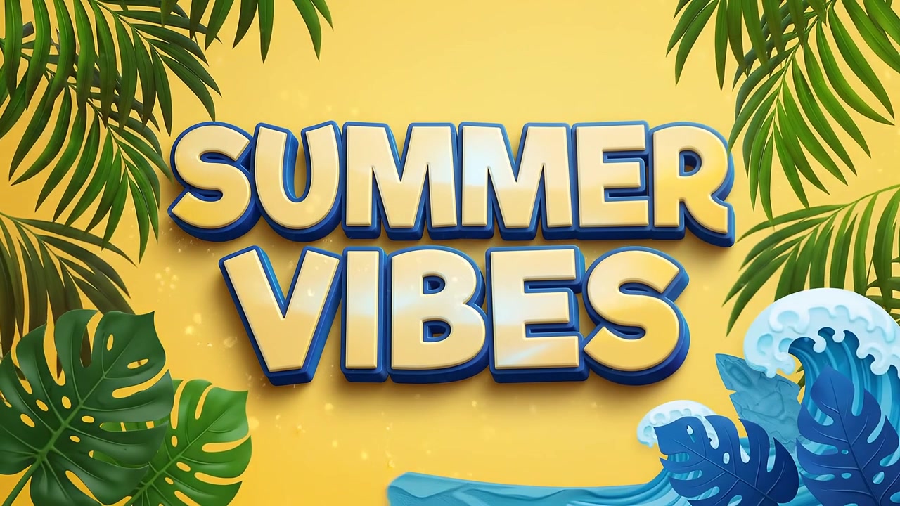 Animación de Vibras de Verano de Estilo de Vida Tropical con Tipografía 3D Azul y Blanca y Fondo de Hojas de Palma