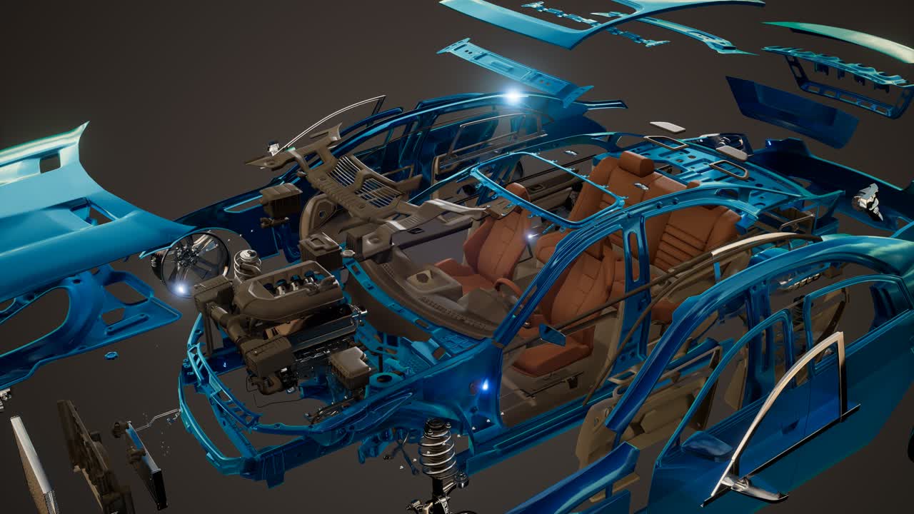 coche desmontado con partes visibles