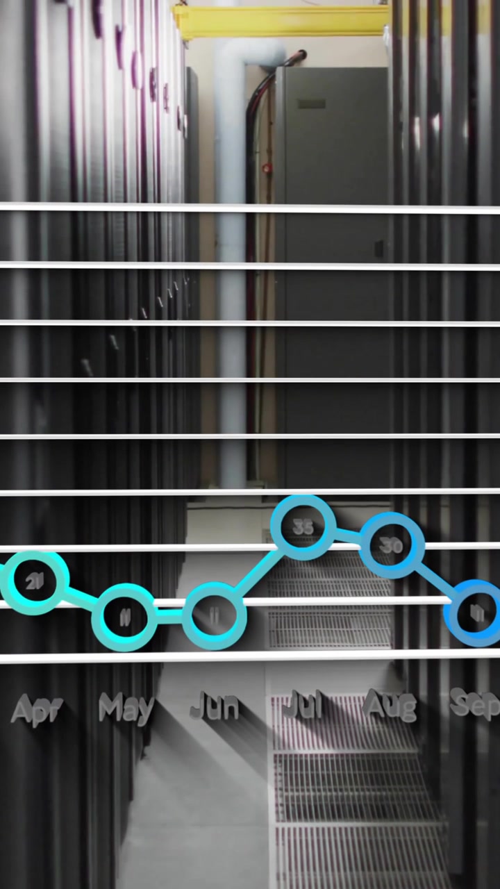 Animation of monthly statistics on annual graph over dark computer server room