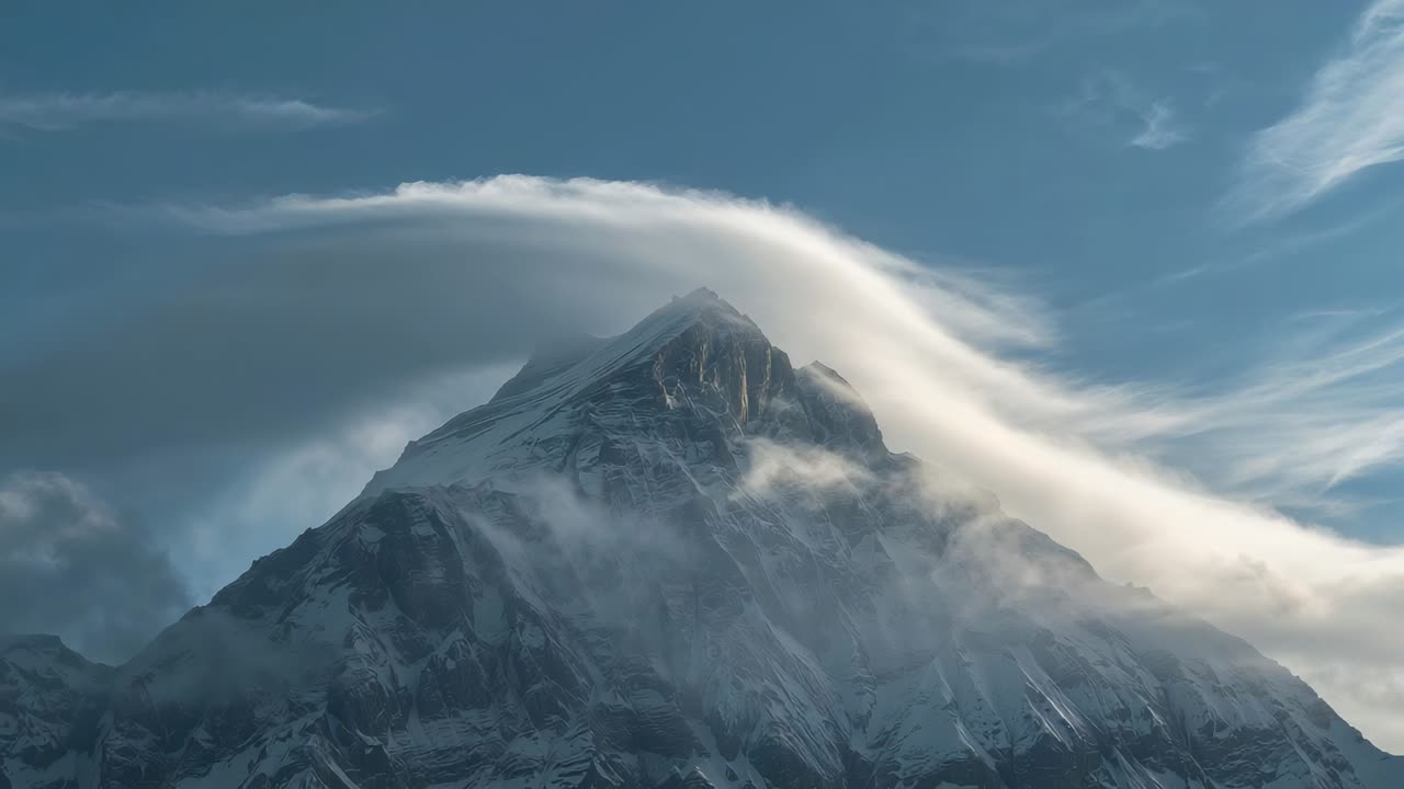 Venti impetuosi che causano un arco di nubi lenticolari che spazza la cima innevata, nebbia e striature di cirri