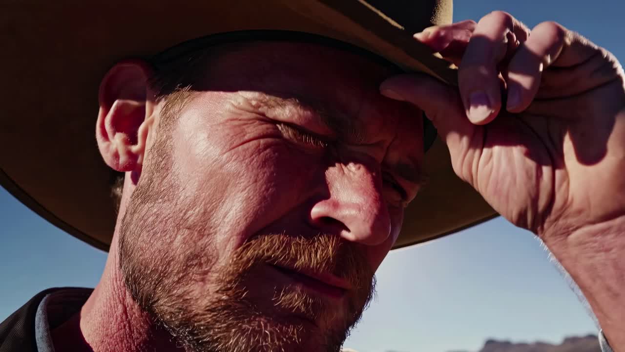 Close-up, side-angle shot of a man in a wide-brimmed hat, squinting in the desert sun