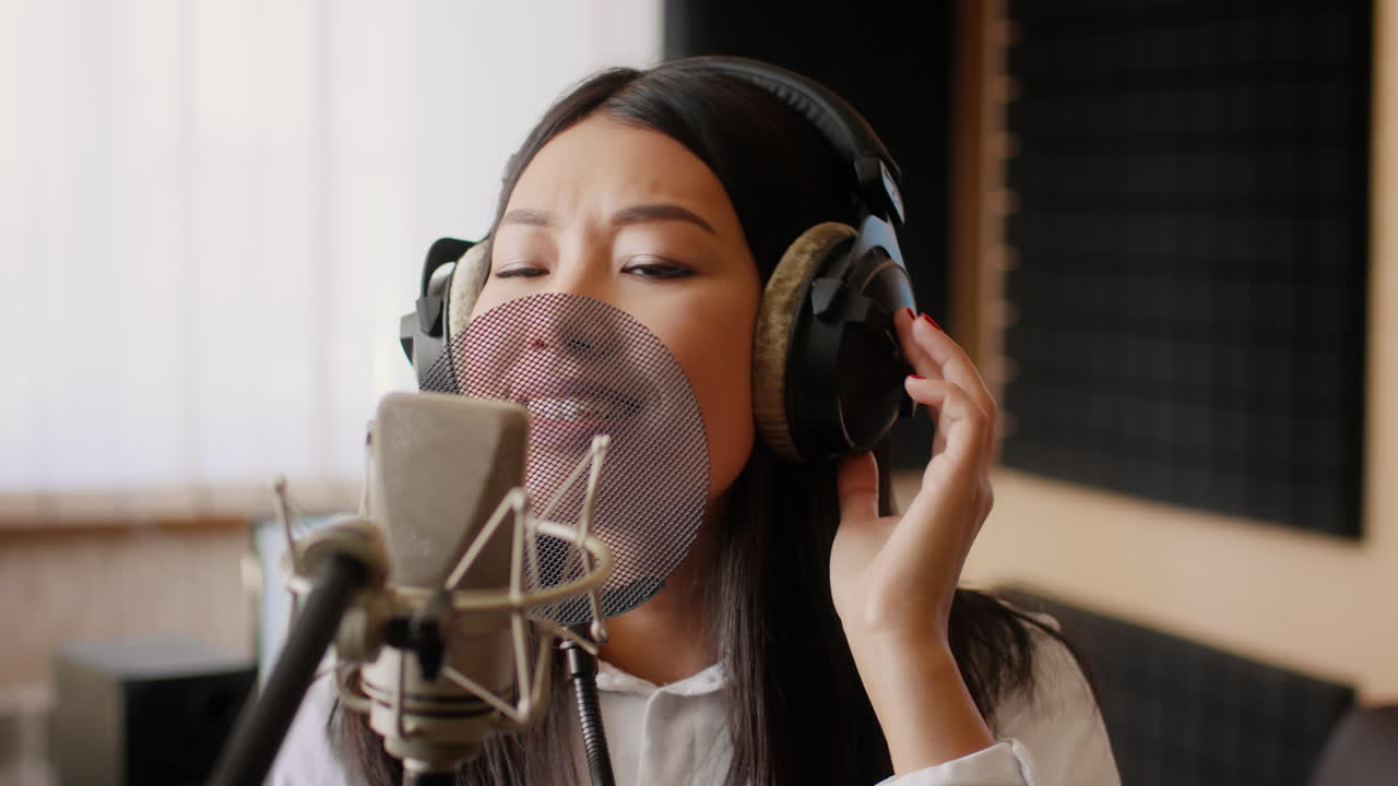 녹음 스튜디오 에서 마이크 로 노래 하는 여자