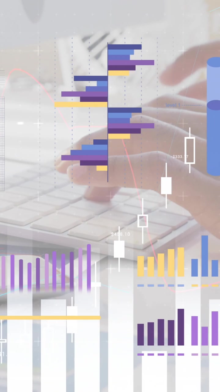 Animation af finansiel databehandling over en forretningsmand, der bruger en computer.