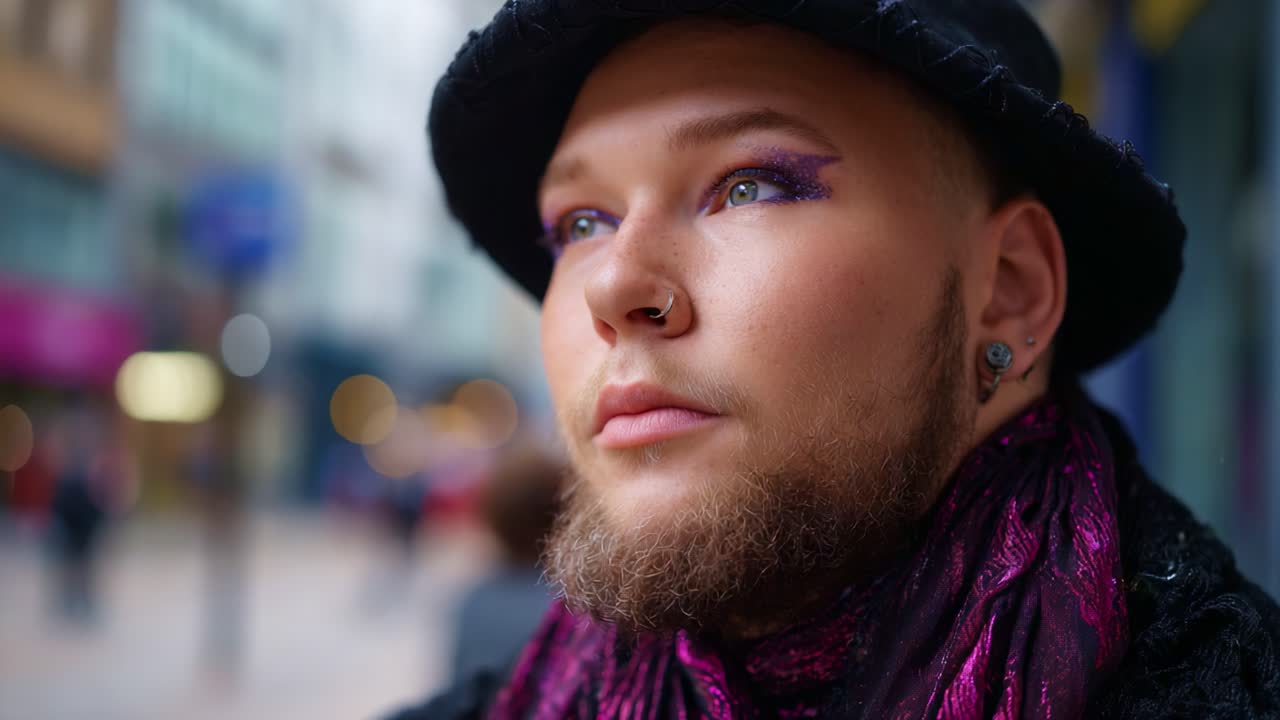 Un pensieroso individuo in un contesto urbano, che mostra uno stile unico con cappello, trucco occhi vivace e un'espressione riflessiva nell'ambiente cittadino