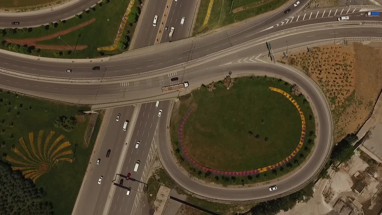 Aerial City Cars At Intersection With Traffic