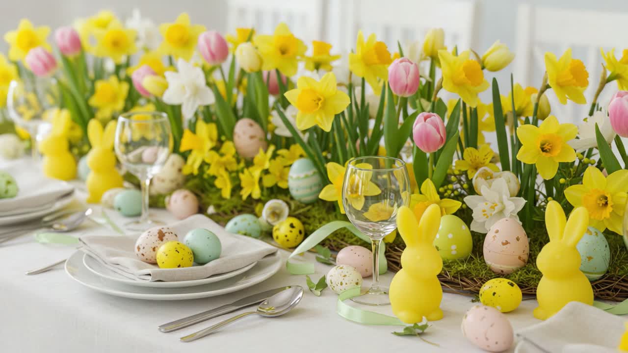A Vibrant Easter Table Setting with Colorful Flowers, Decorative Eggs, and Playful Bunny Accents Ready for Celebration and Festivities in a Welcoming Atmosphere