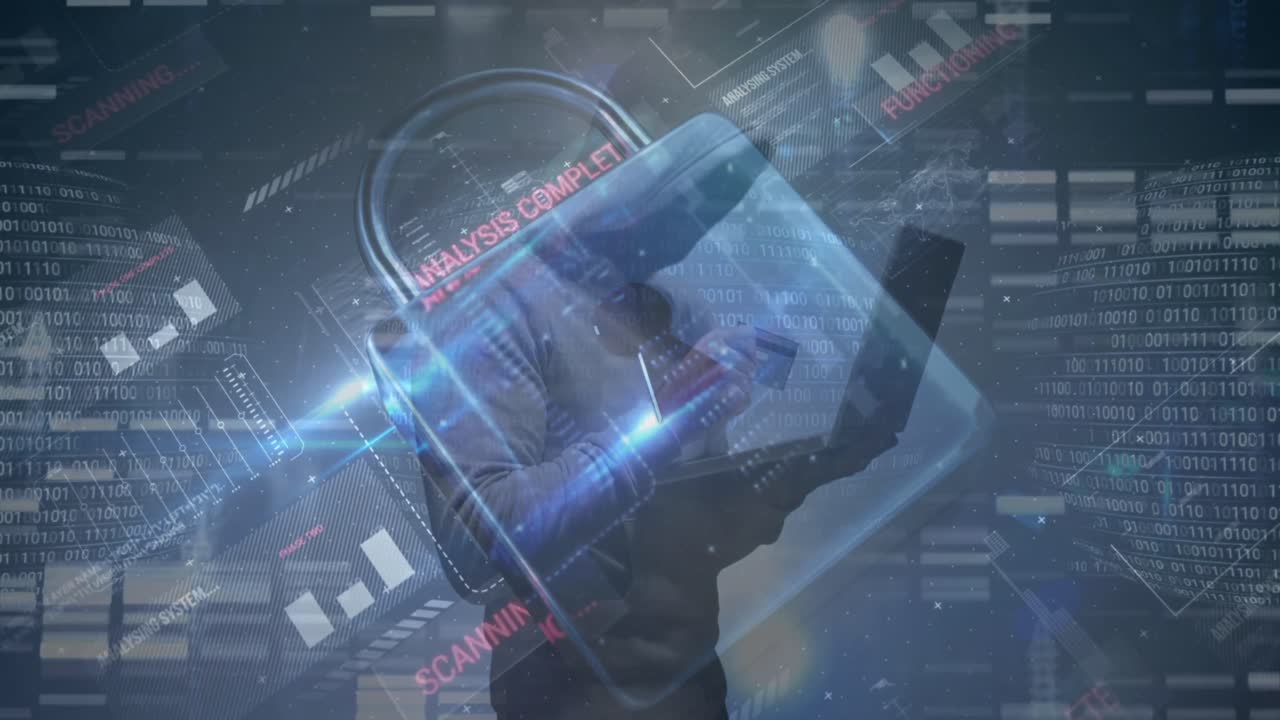 노트북을 사용하는 백인 남성 해커에 대한 데이터 처리 애니메이션