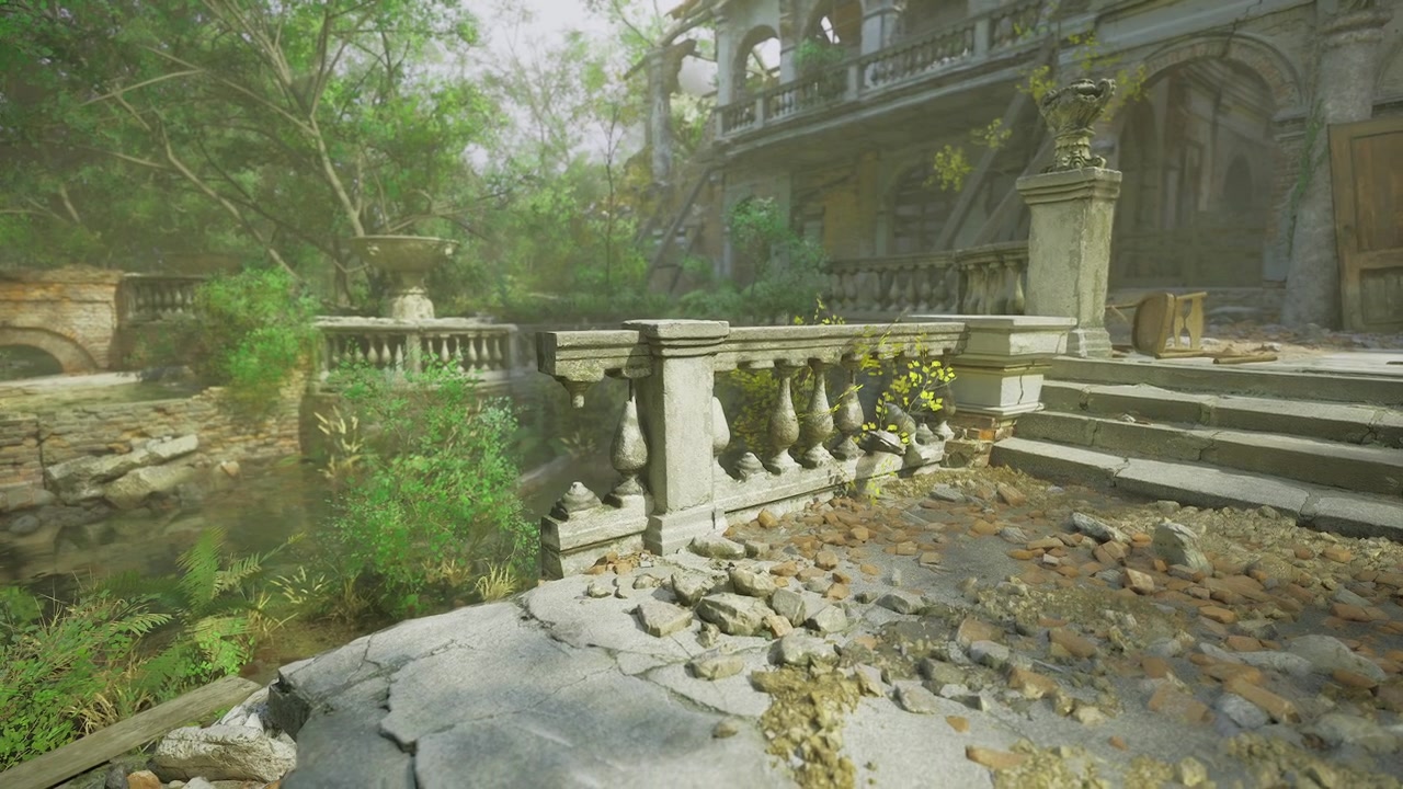 Escena exterior luminosa, balcón polvoriento con escaleras de piedra y vegetación