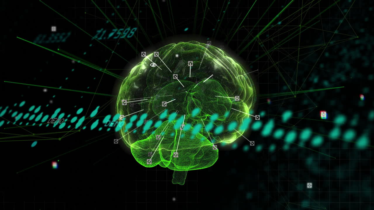 Animation of digital brain model with data points on dark background