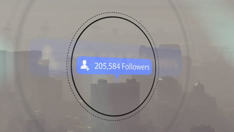 animación del icono de las redes sociales y procesamiento de datos sobre el paisaje urbano