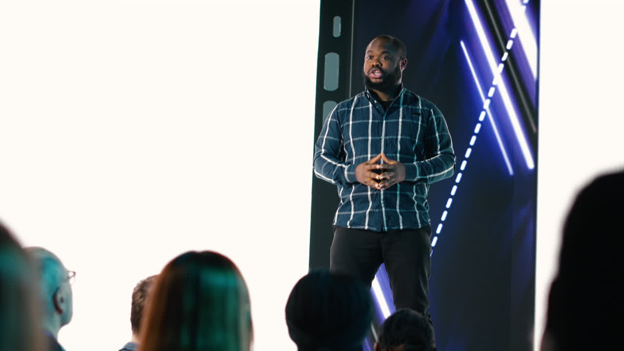 Black chief product officer introducing new smartphone with modern interface