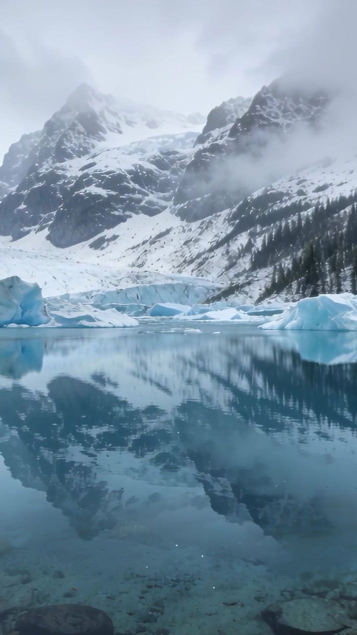 Vertikales Video: Spiegelnder Gletschersee, der sich an Schneegipfeln spiegelt, tiefe Wolken ziehen und Eis treibt