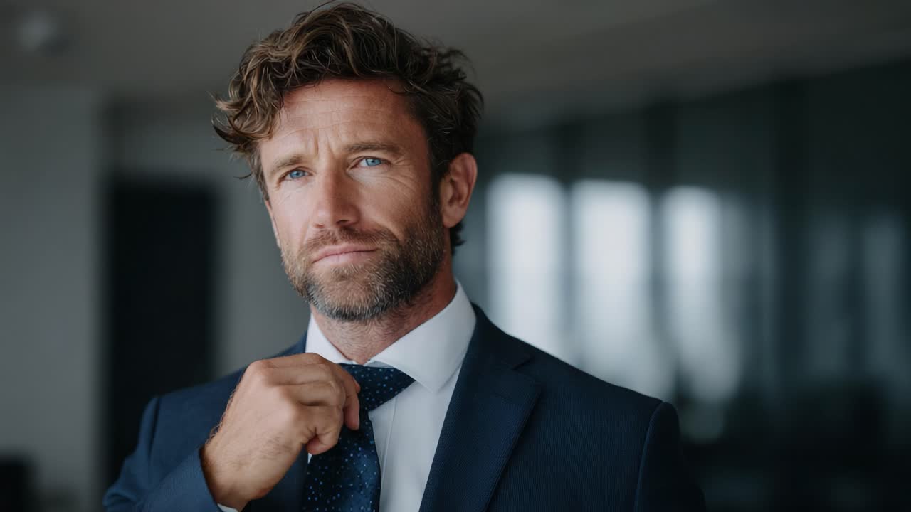 A Confident Man in Business Attire Adjusts His Tie in a Professional Setting, Exuding Poise and Charisma in a Modern Office Environment